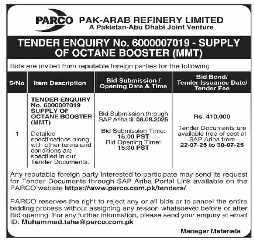 Pak Arab Refinery Limited Tender Notice